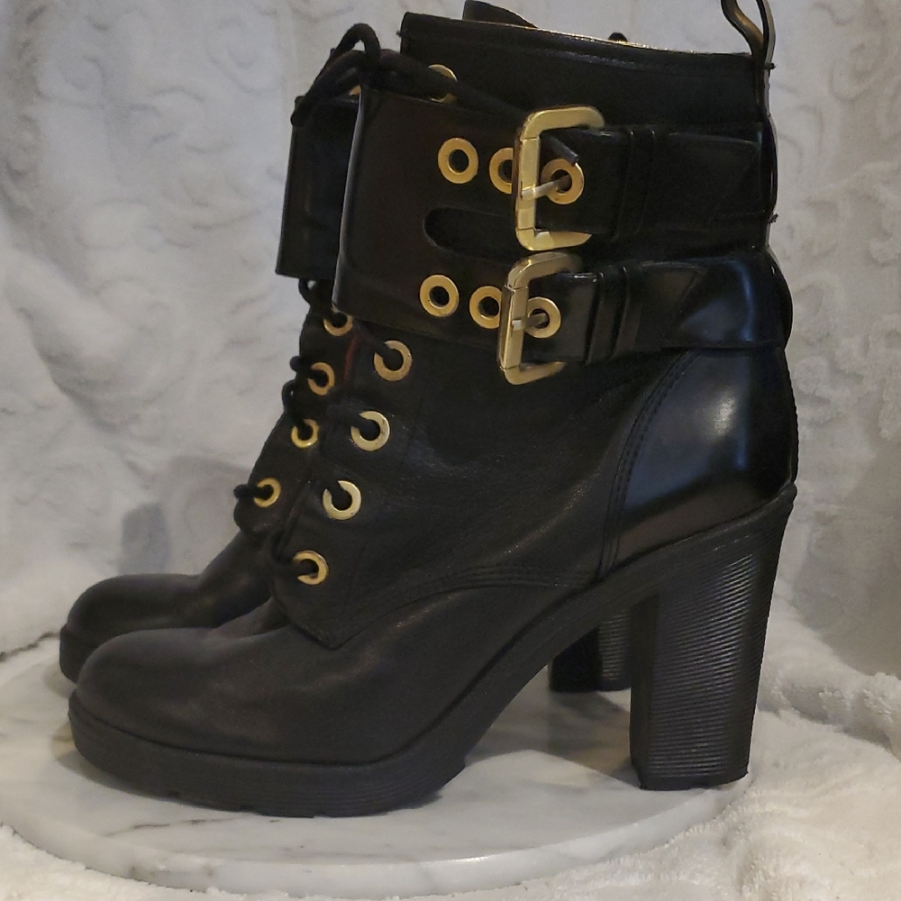 Guess Black Lace Up Boots with Gold Accents